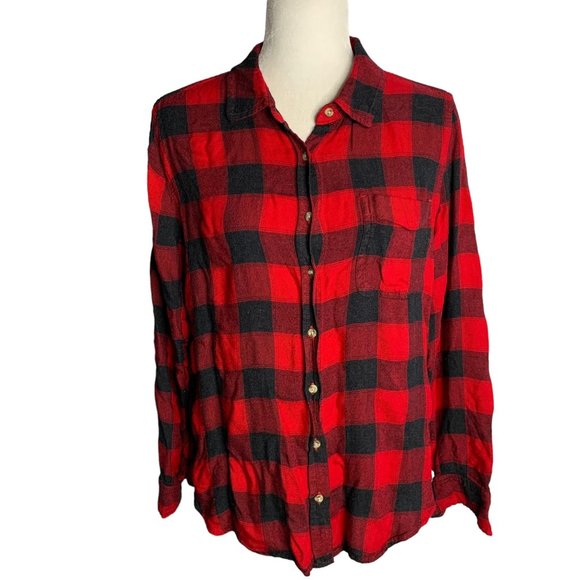 Lucky Brand Button Up Flannel Shirt M Red Buffalo Check Long Sleeves Pocket - Picture 1 of 6